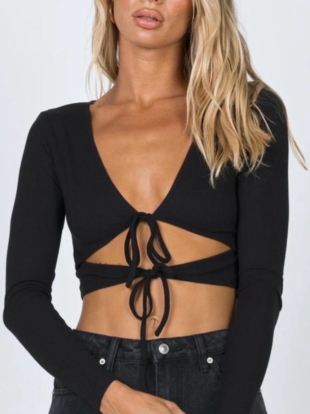 Princess Polly Black Tie-Front Ribbed Crop Top